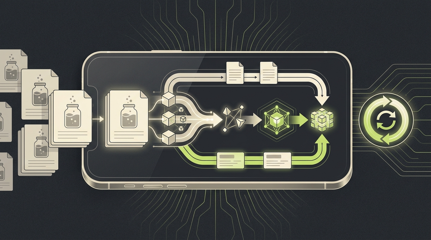 An on-device sync separates unchanged sources, metadata updates, and content that needs to be embedded again