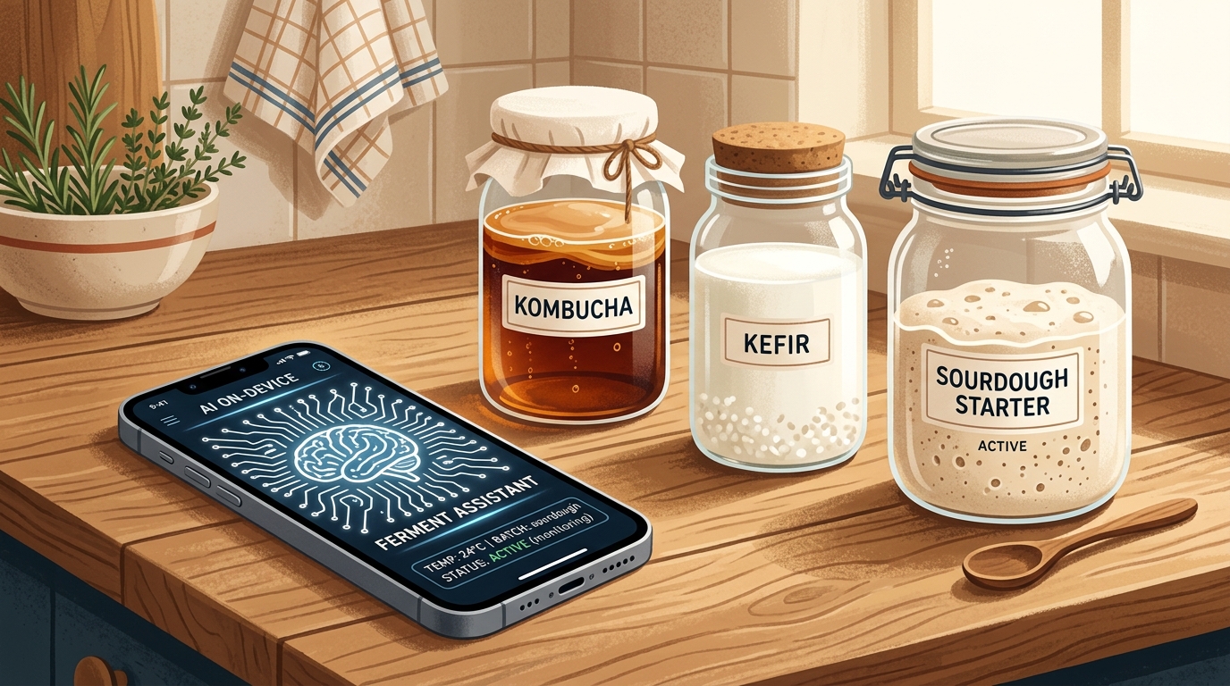 A modern, minimalist illustration of an iPhone lying on a wooden kitchen counter next to glass jars of kombucha, kefir, and sourdough starter.