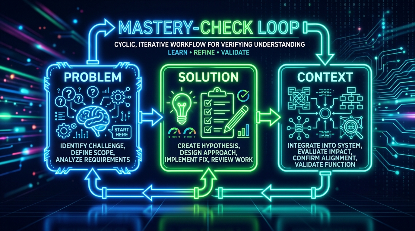 Mastery-check loop from problem to solution to broader context