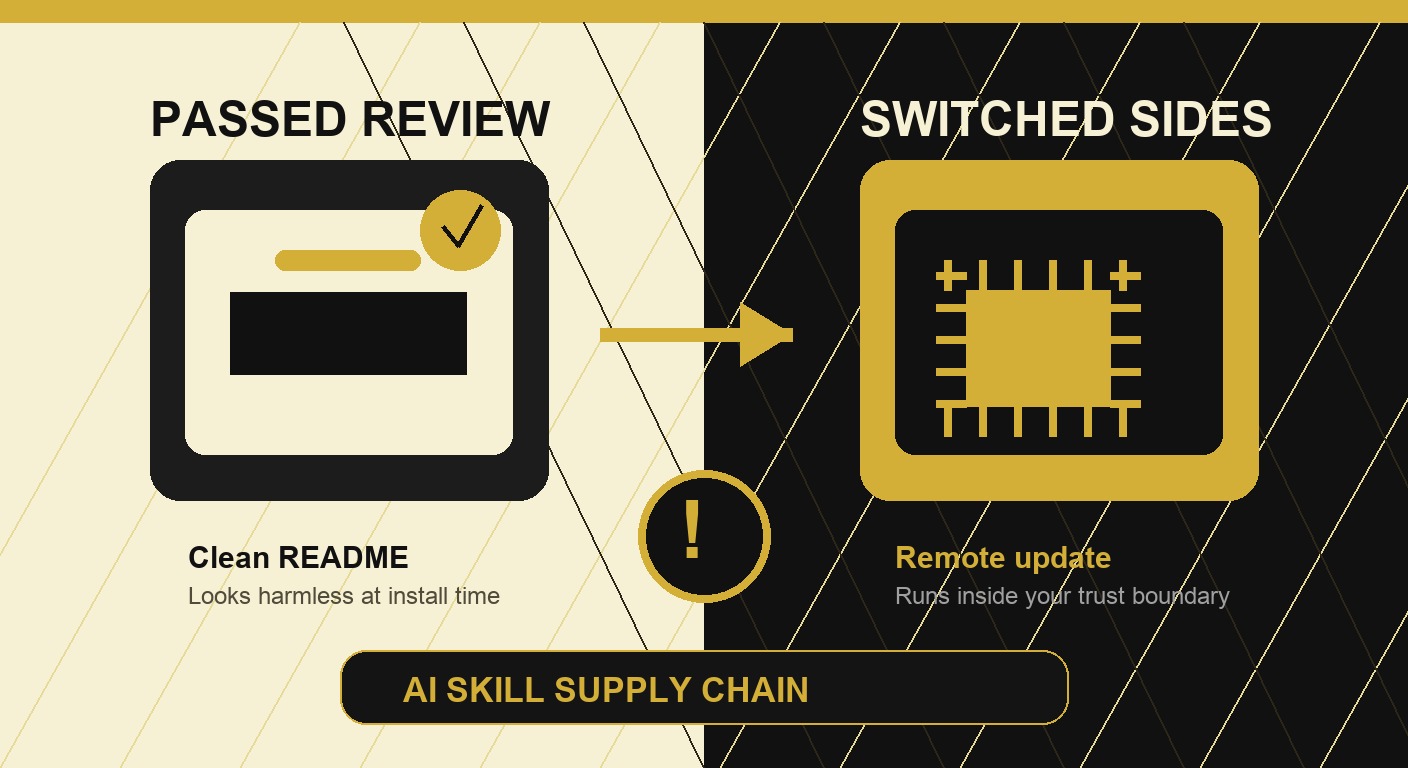 AI skill supply chain illustration showing an approved package switching sides into a darker runtime