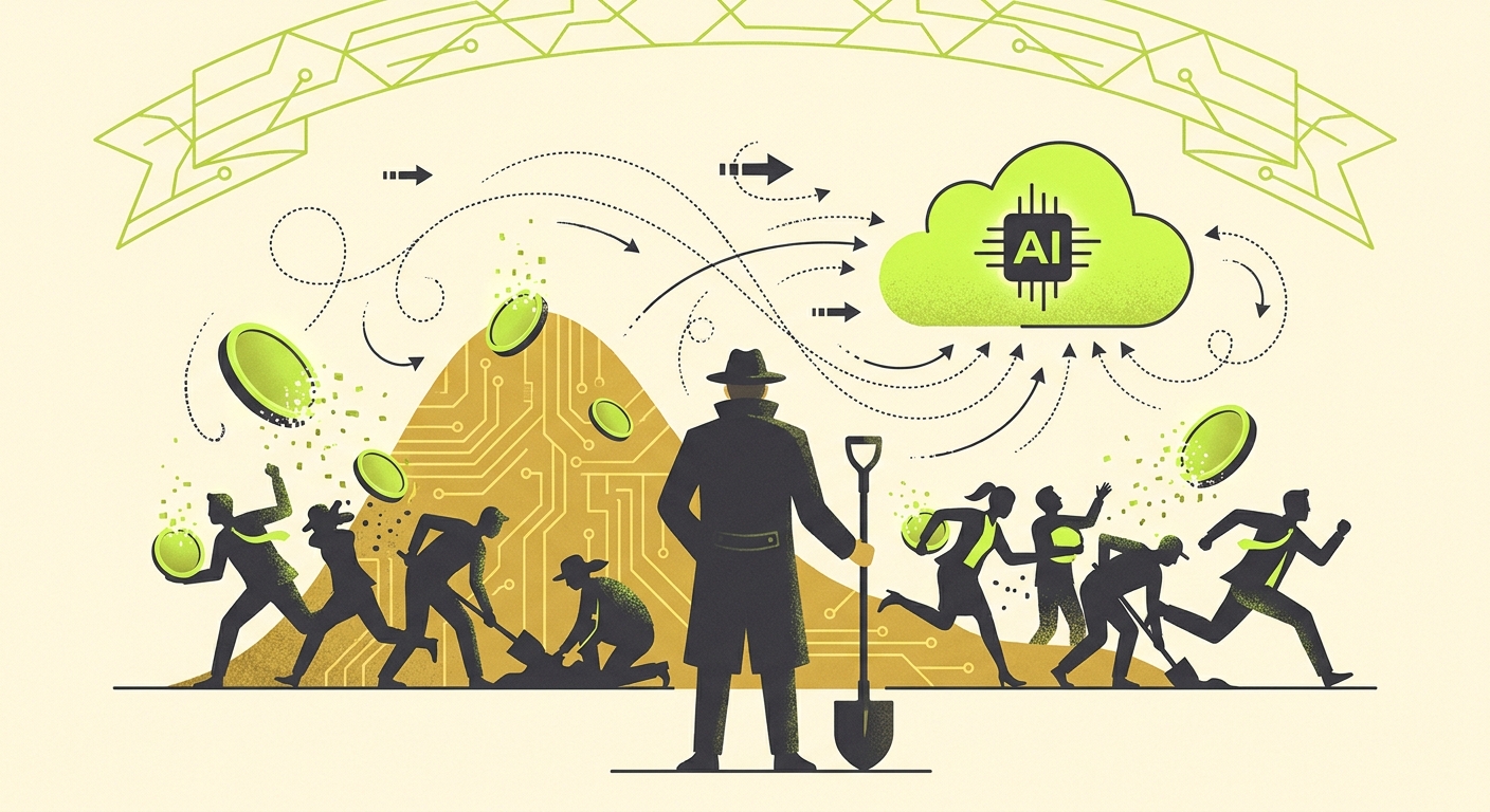 Stylized AI gold rush scene with people chasing coins and a shovel seller
