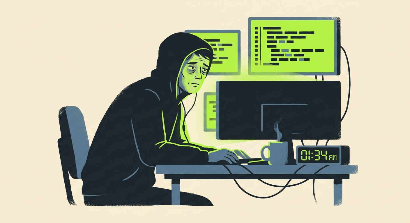 Late-night desk scene showing AI tools and exhausted work past midnight