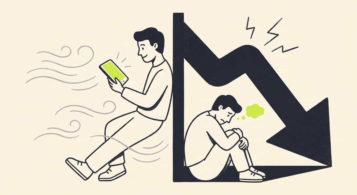 Split illustration showing light AI marketing fear and heavier job replacement fear