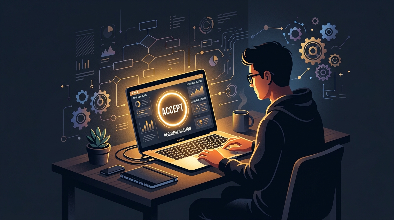 A clean desk with a laptop screen displaying a bright glowing Accept button casting light on a person