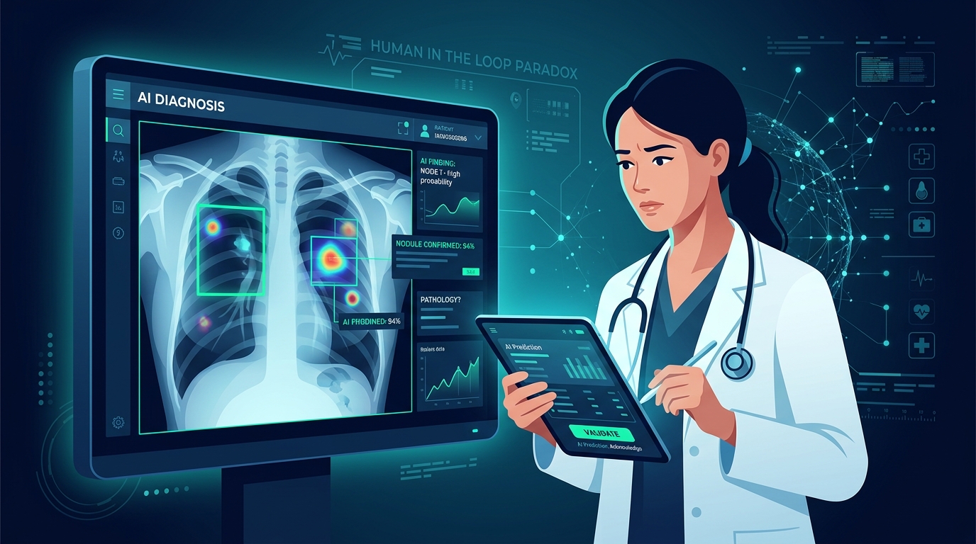 A clinician looking at a medical diagnostic monitor that displays a lung X-ray with glowing AI annotations