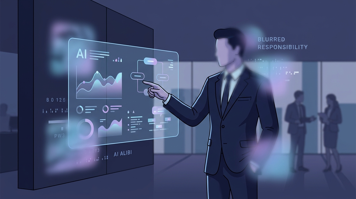 Stylized illustration showing blurred responsibility and AI alibi with a person in a suit pointing to a holographic dashboard