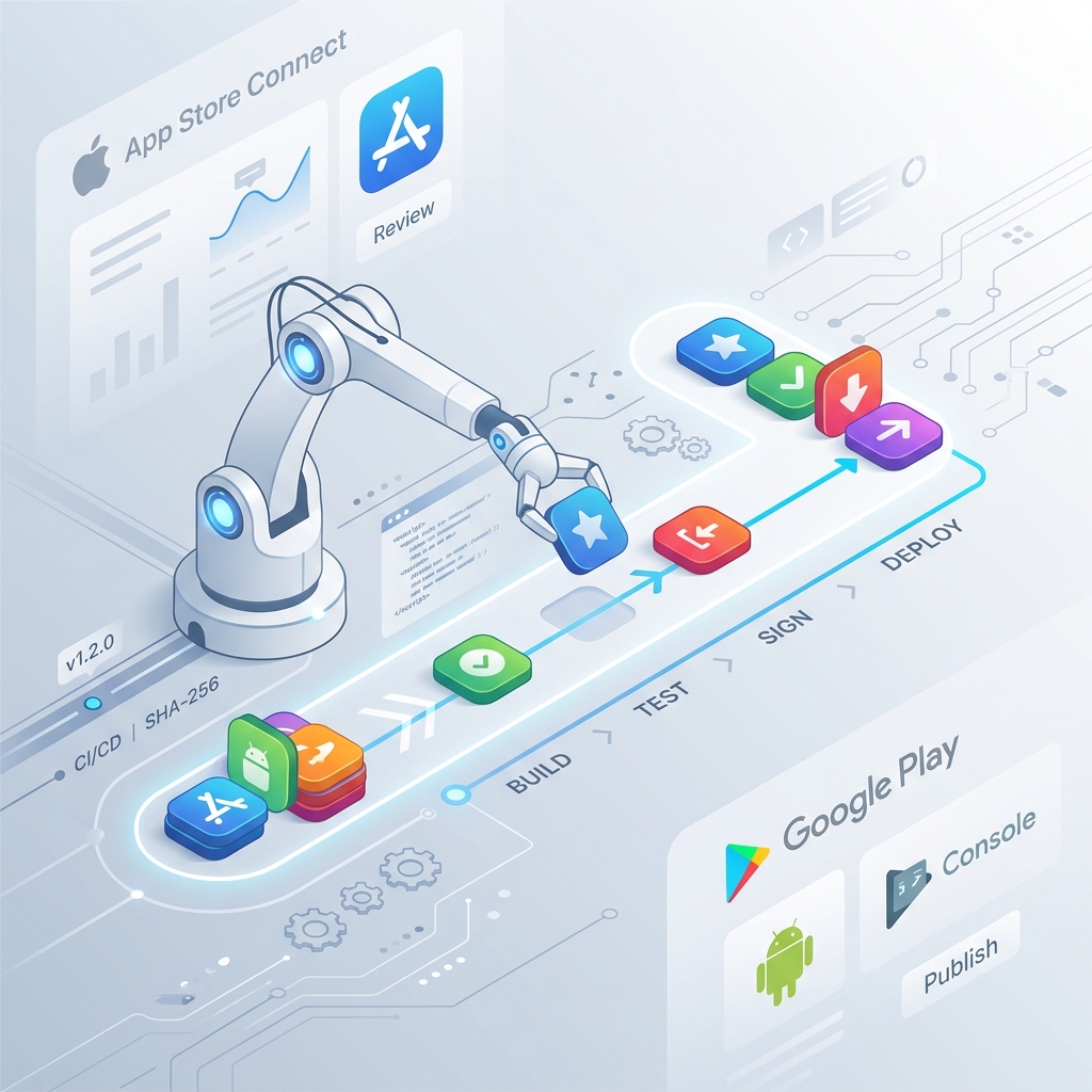 A clean, modern, minimalist illustration about mobile app release automation.
